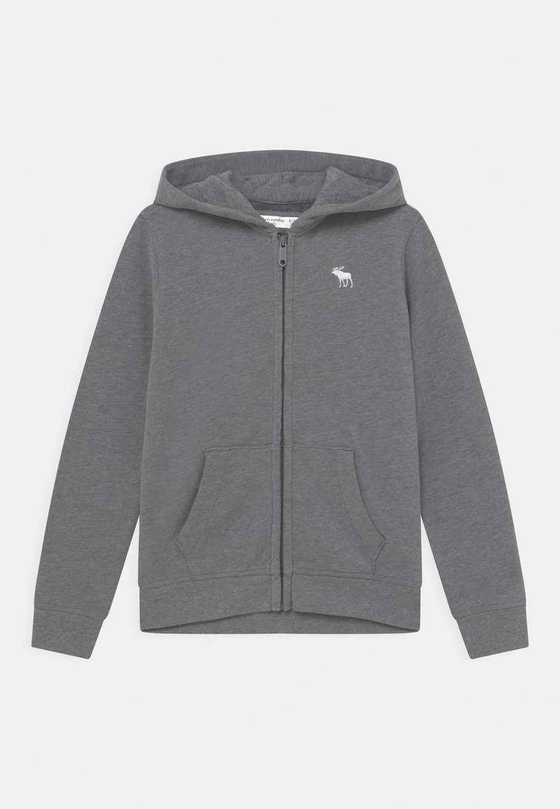 Hoodie zippé gris en tissu doux, avec deux poches avant et un petit logo de moose blanc sur la poitrine gauche.