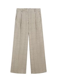 Pantaloni a palazzo beige a quadri con pieghe, dotati di tasche laterali e una texture liscia. Realizzati in un tessuto leggero.