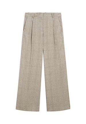 Beige Karohosen mit weitem Bein und Falten, ausgestattet mit Seitentaschen und einer glatten Textur. Hergestellt aus einem leichten Stoff.