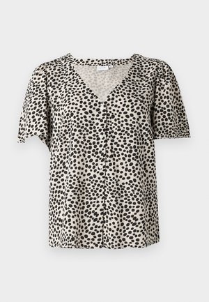 Μπλούζα κοντομάνικη από μπεζ ύφασμα με μαύρο σποραδικό σχέδιο. Διαθέτει V λαιμόκοψη και κόψιμο με κουμπιά μπροστά; ελαφρώς συλλεγμένα μανίκια.