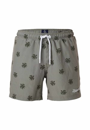 Grønne og hvide stribede badeshorts med sorte skildpadde-mønstre, hvid snøre og broderet brandlogo på kanten.