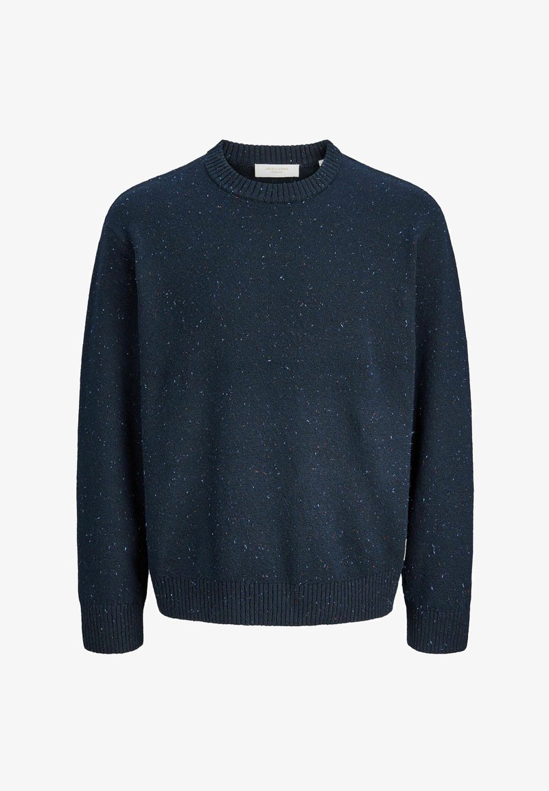 Pull en maille bleu foncé à manches longues et col rond, avec de petites taches multicolores sur tout le tissu.