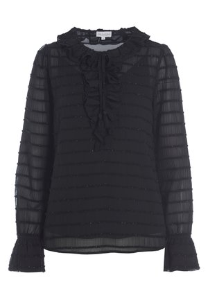 Sort gennemsigtig bluse med lange ærmer og vandrette teksturerede striber, flæsekrave og bindebånd foran med kvaster, elastiske flæsekantmanchetter.