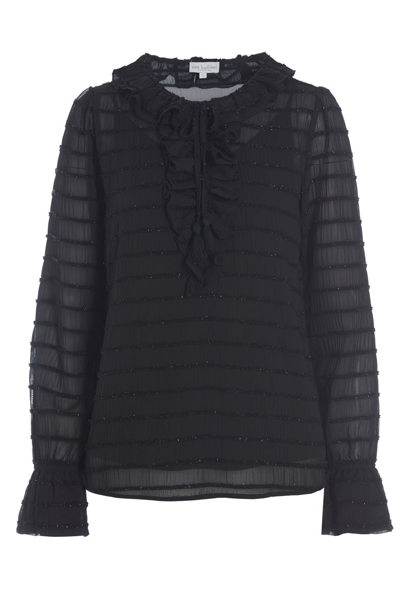 Blouse longue noire transparente à manches longues avec rayures texturées horizontales, col à volants et nouée devant avec des pompons, poignets à volants élastiqués.