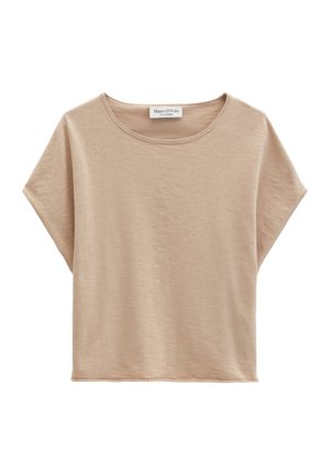 Beiges Kurzarmshirt mit Rundhalsausschnitt und lockerem Schnitt, mit Marc O'Polo-Label am Hals, auf weißem Hintergrund dargestellt.