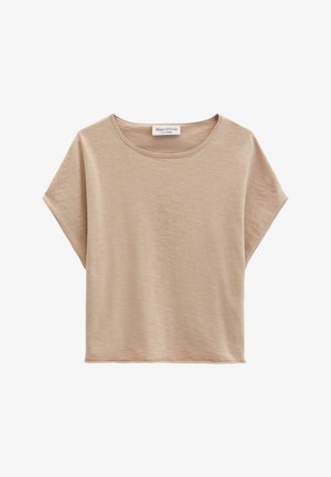 Beige top met korte mouwen en ronde hals, losvallende pasvorm en Marc O'Polo-label bij de hals, getoond op een witte achtergrond.