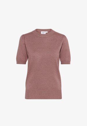 Pulover s kratkimi rokavi in okroglim izrezom v mehkem mauve pletenju. Ima rahlo napihnjene rokave in prilegajoč rob za strukturiran videz.