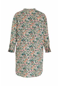 Robe à manches longues avec motif floral multicolore et motif cachemire sur fond vert foncé, vue de dos.