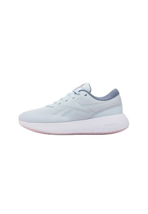Light blue athletic sneaker with mesh upper, lace closure, cushioned white midsole, and light pink outsole shown in side profile.