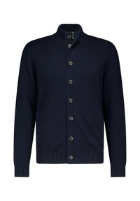 Donkerblauwe gebreide cardigan met een hoge kraag, lange mouwen, vijf praktische knopen en twee zijzakken. Geribbelde manchetten en zoom.