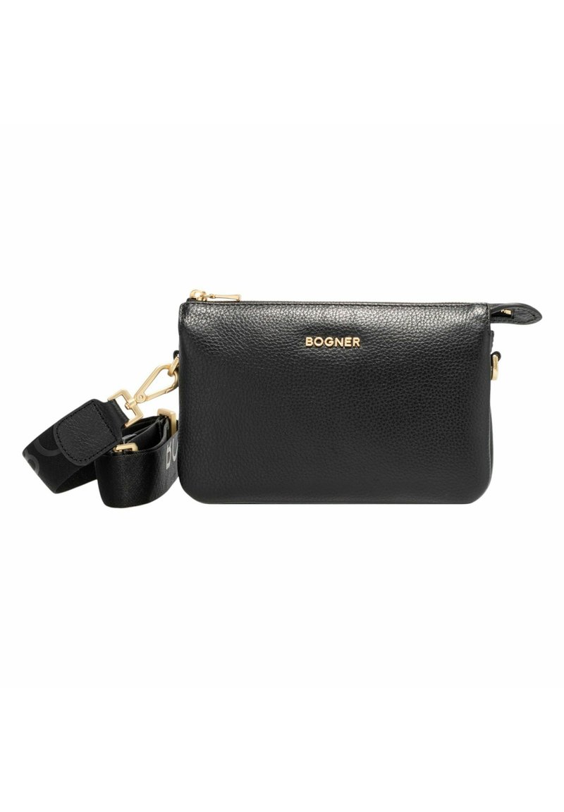 Borsa a pochette in pelle nera con finitura testurizzata, hardware dorato e tracolla removibile con logo. Chiusura con cerniera nella parte superiore.