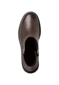 Bottines en cuir marron avec une finition lisse, bout arrondi, fermeture éclair sur le côté et semelle en caoutchouc. Design minimaliste sans motifs visibles.