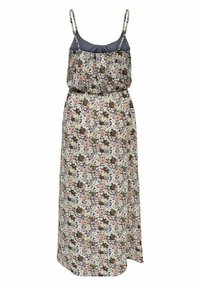 Florales Maxikleid mit dünnen Trägern, gerafftem Oberteil und Empire-Taille. Mit einem dunklen Hintergrund und mehrfarbigen Blumen. Weicher Stoff.
