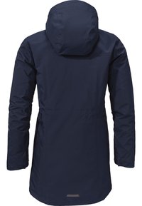 Marineblaue wasserdichte Jacke mit Kapuze, langen Ärmeln und tailliertem Schnitt. Verfügt über eine glatte Textur und einen reflektierenden Akzent am Saum.