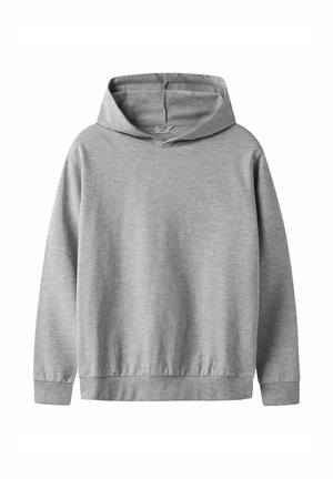 Haut à capuche gris en coton brossé doux ; il présente une large capuche, des manches longues, et un ourlet et des poignets côtelés. Pas de motifs ni de designs graphiques.