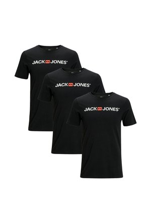 Three black short-sleeve crew-neck T-shirts with "JACK JONES" logo in white and red centered on the chest, arranged in overlapping rows.