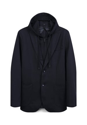 Navy blue blazer with a hood, featuring a two-button closure, lapel, two front pockets, and a drawstring at the hood. Smooth fabric texture.