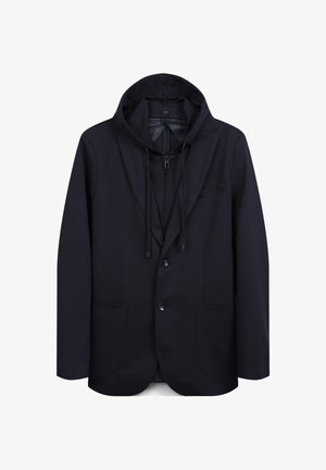 Marineblaues Blazer mit Kapuze, ausgestattet mit einem Zweiknopfverschluss, Revers, zwei Fronttaschen und einem Kordelzug an der Kapuze. Glatte Stoffstruktur.