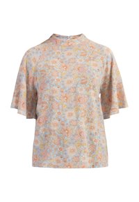 Top floreale a maniche corte con collo alto, caratterizzato da fiori dai colori pastello su uno sfondo azzurro chiaro. Tessuto morbido e leggero con una vestibilità rilassata.