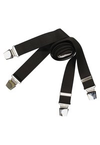Sorte elastiske seler med skinnende metalclips, fladt design og justerbar længde. Remmene er glatte med en ensartet tekstur.
