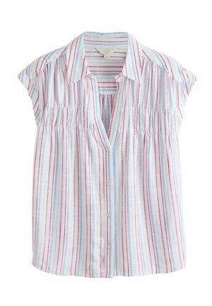 Hvid ærmeløs bluse med røde og blå lodrette striber, knaplukning foran og spidst krave.