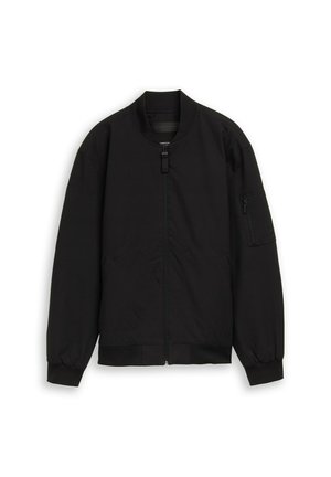 Giacca bomber nera con cerniera frontale, polsini e orlo a coste, e tasca con cerniera sulla manica sinistra.