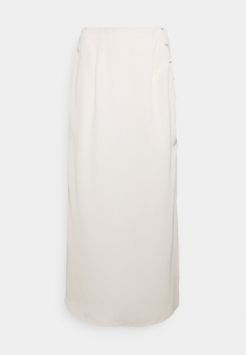 Světlé béžové midi sukně vyrobená z hladkého materiálu. Má rovný střih, boční knoflíky a plisé pro zvýšení detailu.
