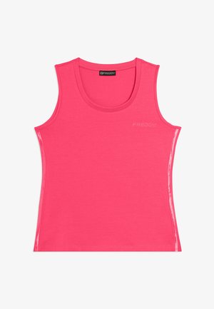 Débardeur rose vif pour femme, sans manches, avec un col rond et un petit logo "FREDDY" sur la partie supérieure gauche de la poitrine.
