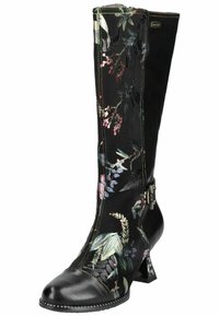 Stivale nero al ginocchio con motivo floreale, materiale in suede, punta in pelle lucida e tacco a blocco. Presenta cuciture decorative e cerniera laterale.