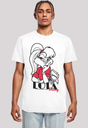 White t-shirt featuring a graphic of Lola Bunny in red clothing, with black outline and text saying "LOLA Bunny" in red and black.