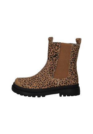 Luipaardprint enkellaarsjes met eenbovenwerk van tan suede, elastische zijkanten en een gestructureerde zwarte rubberen zool voor grip.