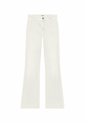 Witte flared jeans van denim met een rits, een enkele knoop aan de voorkant en twee achterzakken. Glad, lichtgewicht stof met een nette afwerking.