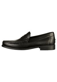 Mocassino in pelle nera con dettagli cuciti, punta tondeggiante e tacco basso. Texture liscia con un design classico slip-on.