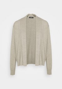 Světle béžový cardigan vyrobený z měkkého materiálu, s pružným otevřeným předním dílem, dlouhými rukávy a uvolněným střihem bez zapínání.