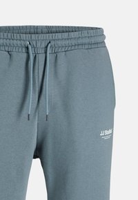 Pantalones jogging de color azul claro con una cinturilla ajustable con cordón, puños elásticos y un pequeño logo blanco en la parte delantera. Textura de tela suave y lisa.