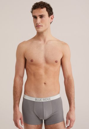 Ing nélküli, göndör hajú férfi szürke Blue Ridge boxeralsót viselve, egy sima bézs háttér előtt áll.