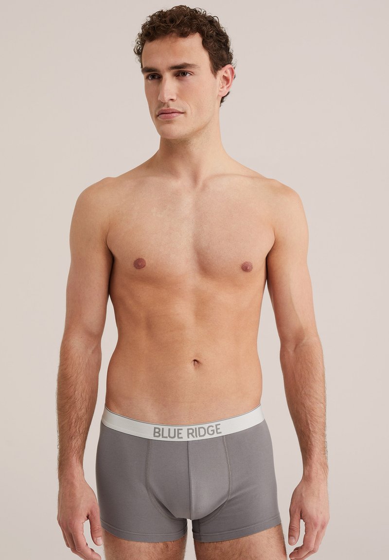 Homme torse nu aux cheveux bouclés portant un boxer gris Blue Ridge, debout devant un fond beige uni.