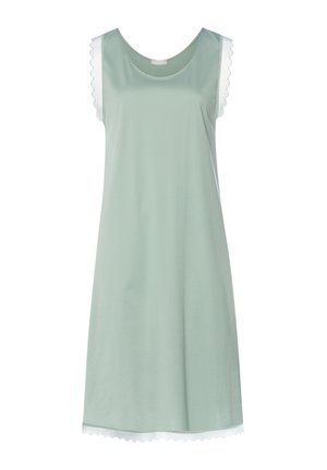 Vestito verde chiaro senza maniche con scollo rotondo. Presenta una bordatura smerlata sulle spalle e sull'orlo, realizzato in materiale morbido.