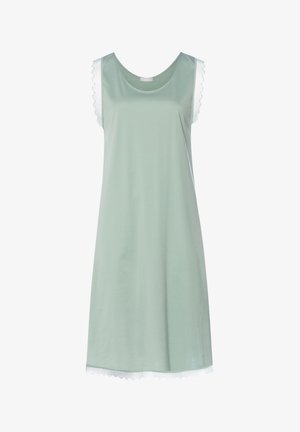 Vestito verde chiaro senza maniche con scollo rotondo. Presenta una bordatura smerlata sulle spalle e sull'orlo, realizzato in materiale morbido.
