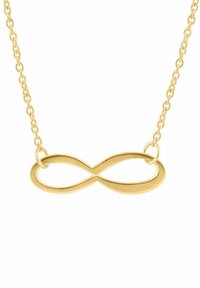 Złoty metalowy naszyjnik z zawieszką w kształcie symbolu nieskończoności, gładką fakturą i delikatnym łańcuszkiem z połączonymi ogniwami.