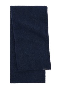 Granatowy szalik wykonany z miękkiego, teksturowanego materiału. Prostokątny kształt z zagiętymi brzegami. Mała metka marki w jednym rogu.