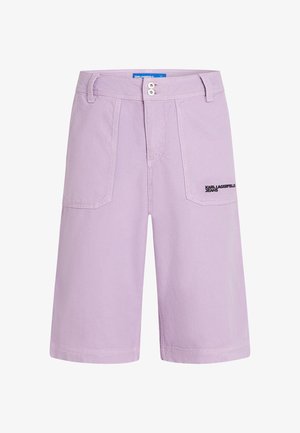 Lilac denim shorts with a relaxed fit, featuring two front pockets, a button and zip closure, and embroidered branding on the back pocket.
