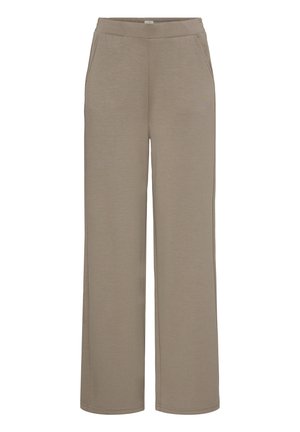 Plašas bikses gaišā bēšā krāsā ar elastīgu vidukli un sānu kabatām, izgatavotas no mīksta, ērtā auduma.