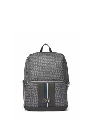 Grau gemusterter Rucksack mit Reißverschlusstasche vorne, der blaue und weiße vertikale Streifen sowie ein Metall-Logo-Emblem aufweist.