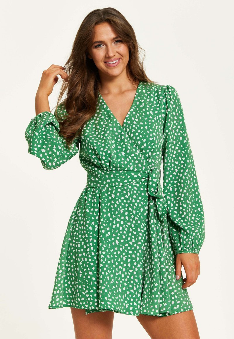 Liquorish ANIMAL PRINT MINI WRAP WITH LONG SLEEVES  - Day dress - green