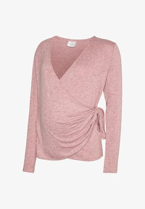 Haut de maternité rose pâle à manches longues, cache-cœur avec lien sur le côté et encolure en V, conçu pour le confort et le style.