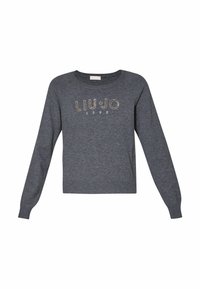Pull gris à manches longues avec le texte "LIU·JO 1995" en petits strass sur la poitrine, doté d'un col rond.