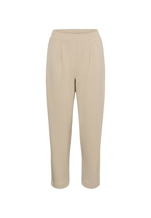 Bézs magas derekú nadrág rugalmas derékpánttal, szabott redőkkel és kúpos szárú kialakítással, fehér háttéren bemutatva.