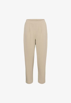 Pantalones beige de tiro alto con cintura elástica, plisados entallados y corte de pierna cónica, exhibidos sobre un fondo blanco.