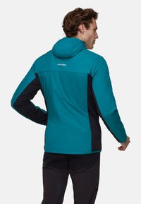 Homme portant une veste à capuche teal et noire avec le logo Mammut au dos, vu de dos, se tenant contre un fond blanc.